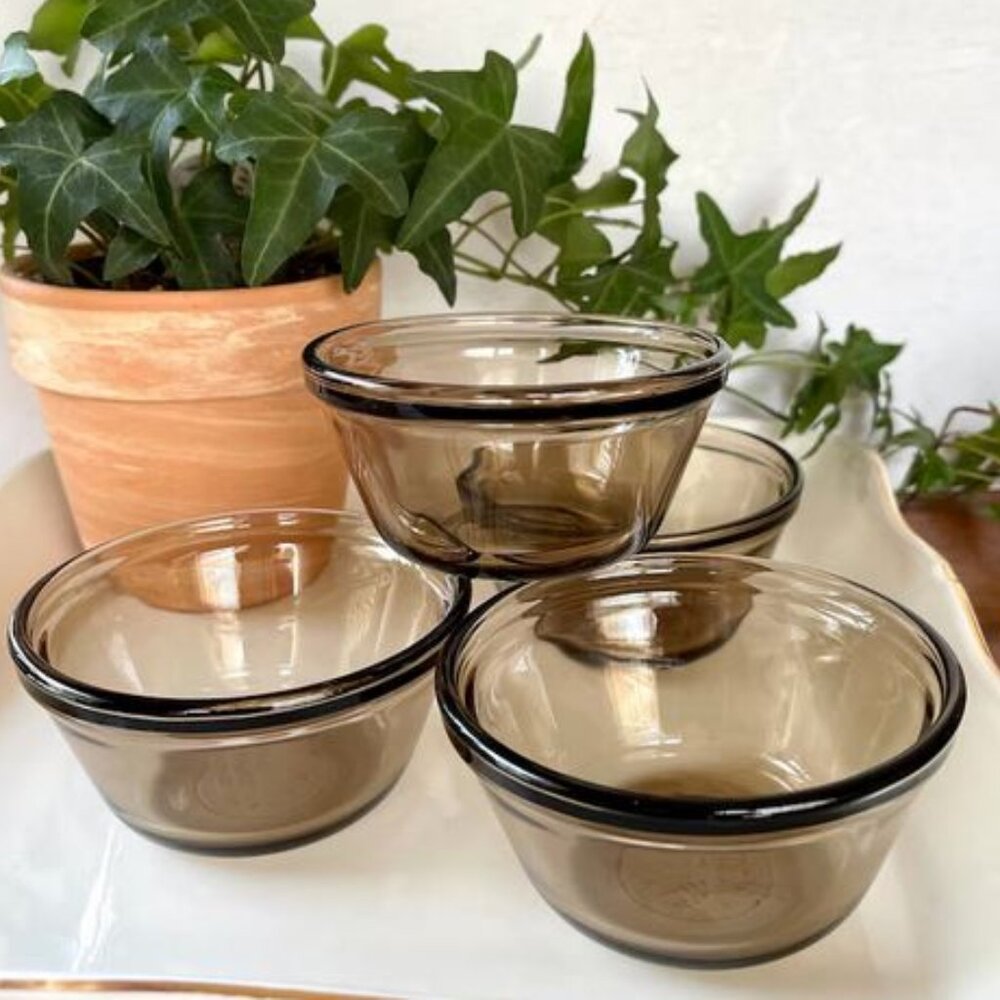 4 Vintage Smoke Glass Custard Cups Ramekins